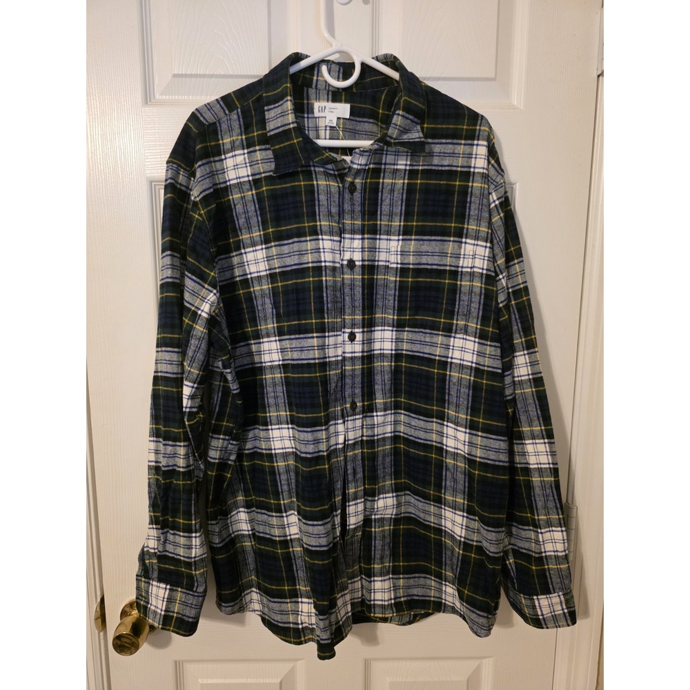 Gap Mens Button Front Plaid Long Sleeve Shirt Size 2XL XXL Green Blue White NWT